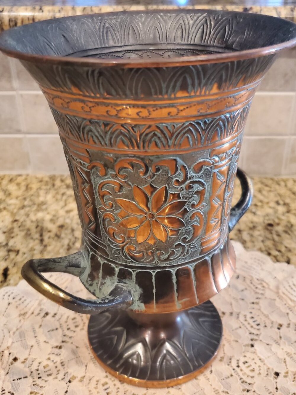Signed Handmade & Hand Painted Copper Grecian History Greek Art Floral Vase